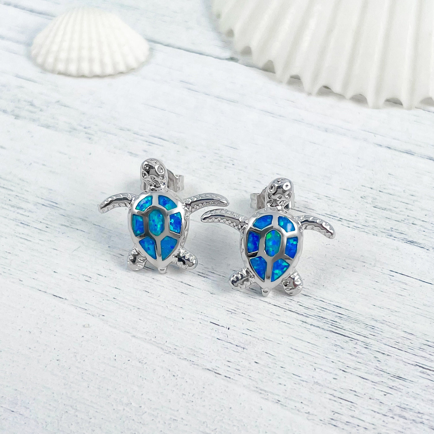 Adorable Opal Swimming Sea Turtle Stud Earrings