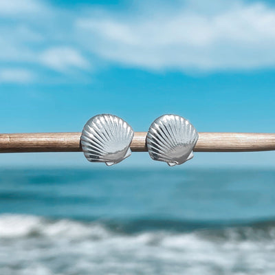 Dainty Fan Shell Stud Earrings - Silver