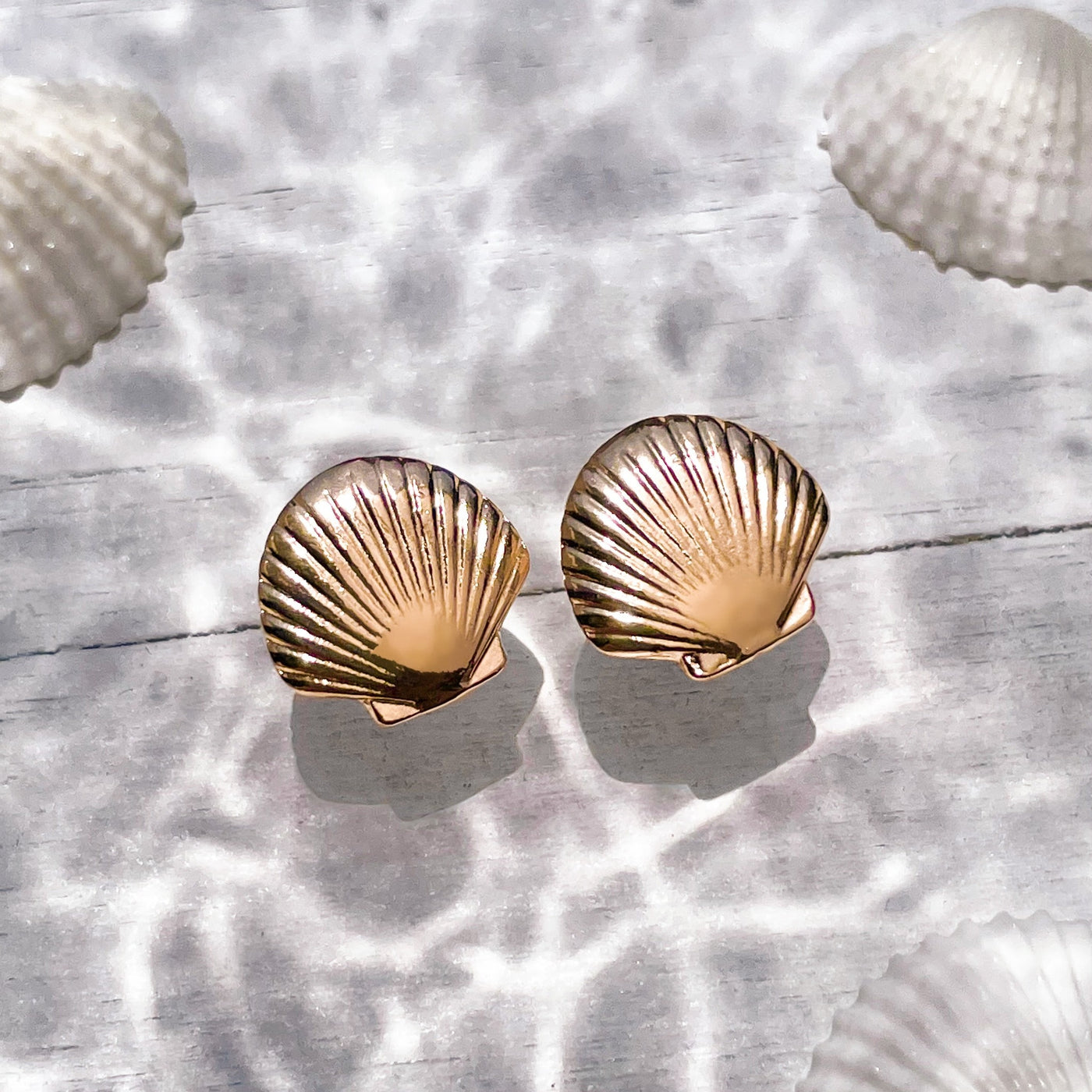 Dainty Fan Shell Stud Earrings - Gold