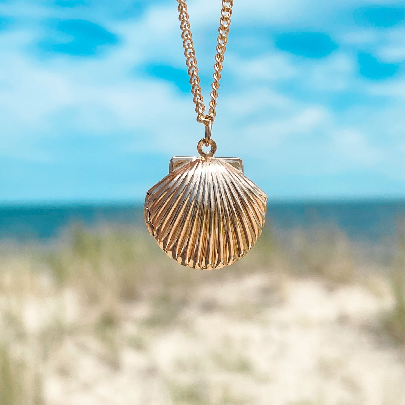 Gold Fan Shell Locket Necklace