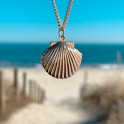 Gold Fan Shell Locket Necklace