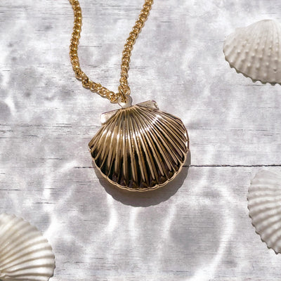 Gold Fan Shell Locket Necklace