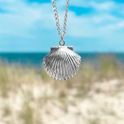 Silver Fan Shell Locket Necklace
