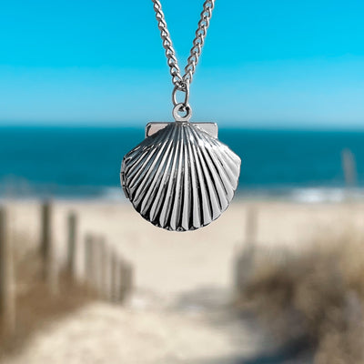 SIlver Fan Shell Locket Necklace