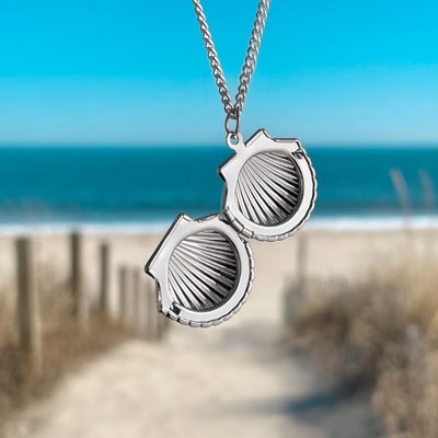 SIlver Fan Shell Locket Necklace