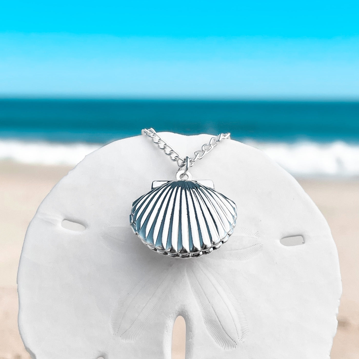 SIlver Fan Shell Locket Necklace