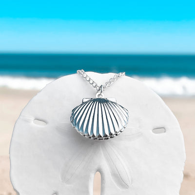 SIlver Fan Shell Locket Necklace