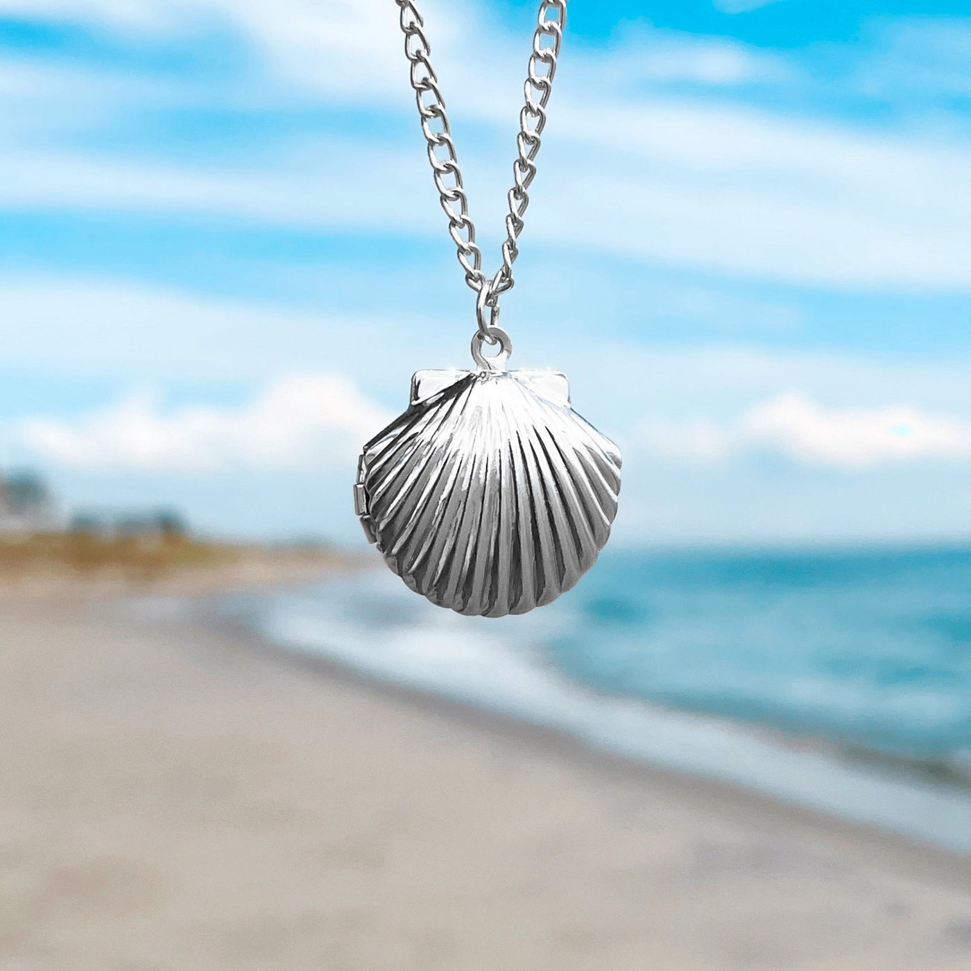 Silver Fan Shell Locket Necklace