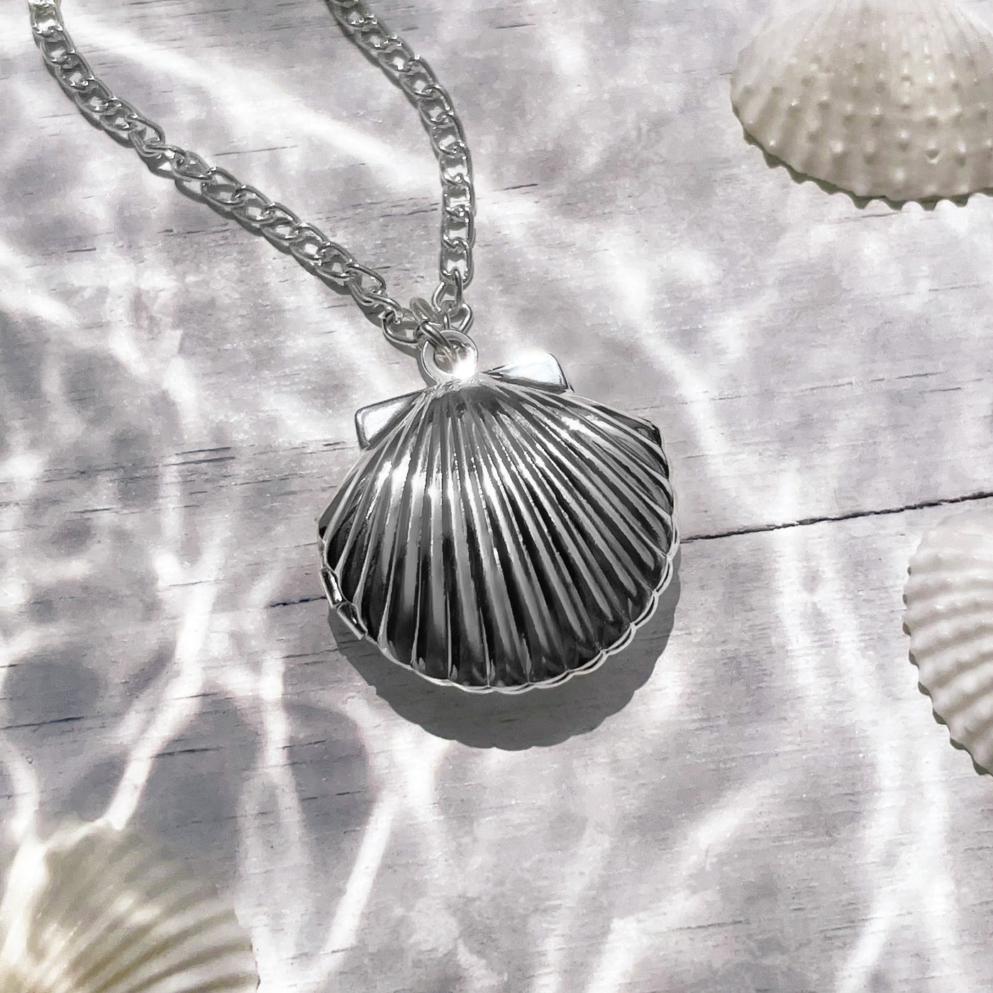 Silver Fan Shell Locket Necklace
